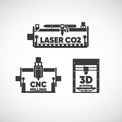 laser co2, laser cutting, cnc milling, cnc machine, 3d printing, 3d machine icon