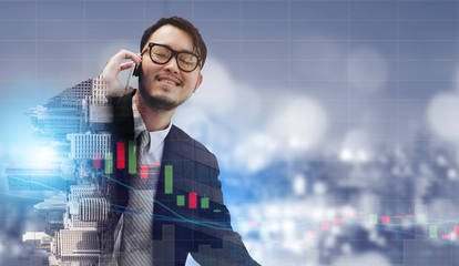 Double exposure businessman using mobile phone.