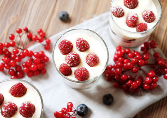 Healthy breakfast with yogurt and granola. Top view. Close up.