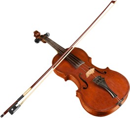 Fototapeta na wymiar Front View of a Violin with Bow, Isolated