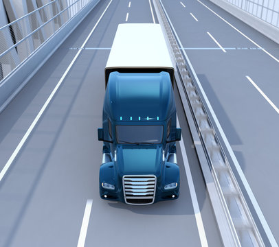 Front View Of Metallic Blue Fuel Cell Powered American Truck Driving On Highway. 3D Rendering Image.