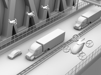 Clay rendering of American Trucks, cargo drones and flying car. Logistics and transportation concept. 3D rendering image.