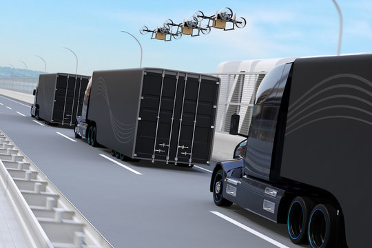 Rear view of fleet of American Trucks, cargo drones driving on the highway. Logistics and transportation concept. 3D rendering image.