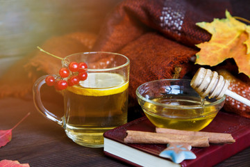 Tea and autumn coziness. A cup of tea, a book, a warm blanket and maple leaves create an autumn...