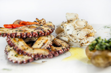 Octopus and squid grilled with vegetables.