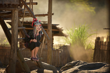 Hmong hill tribe women working at home in the hill