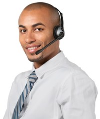 Portrait of a smiling man with headset working as a call center