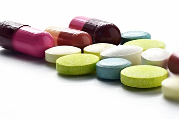 close up, macro colorful drugs medicine on white background  with copy space 