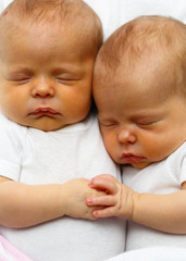 Twin Babies Snuggling Holding Hands Closeup
