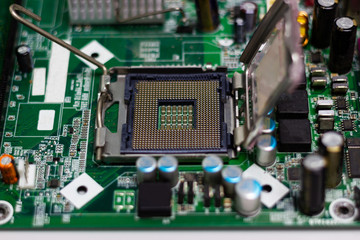 Fototapeta premium Close up Cpu sockets on motherboard, concept computer and technology.