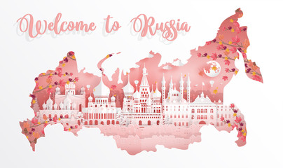 Autumn in Russia with falling leaves , map concept with Russian famous landmarks in paper cut style vector illustration. Travel poster, postcard and advertising design.