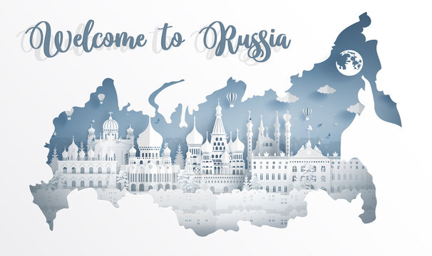 Welcome to Russia with map concept and Russian famous landmarks in paper cut style vector illustration. Travel poster, postcard and advertising design.