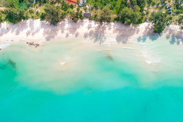 White sand beach nature background turquoise sea wave water aerial view