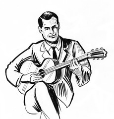 Man playing a guitar. Ink black and white drawing
