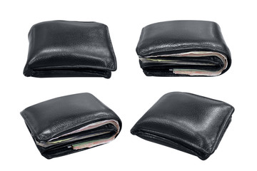 black wallet leather set of collection, black billfold old, black leather wallet isolated on white background, wallet full on white background, wallet full of banknotes and credit cards