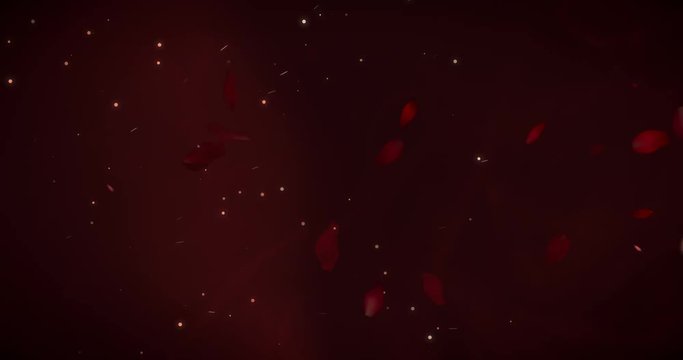 Rose petals falling slowly in the air with smoke, vapor and glowing sparks effects animation. 4096x2160 design. (Looped)
