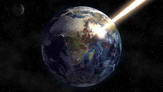 The flow of solar energy burns the planet earth in space. Apocalypse