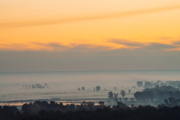 Mystic view on forest under haze at early morning. Mist among tree silhouettes under predawn sky. Gold light reflection in water. Calm morning atmospheric minimalistic landscape of majestic nature.