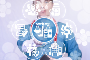 Doctor clicks a scales with calculator icon on a virtual panel. Accounting Medical concept. Audit...