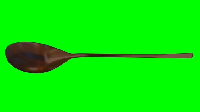 Animated rotating around x axis simple shining bronze table spoon against green background. Full 360 degree spin, loop able and isolated.