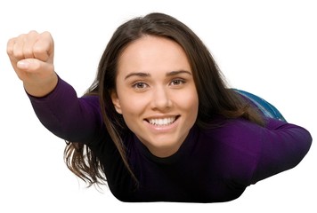 College aged female in a "Superman" pose