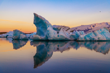 Icebergs in Jokulsarlon glacier lagoon. Vatnajokull National Park, Iceland Summer.Midnight Sun.
