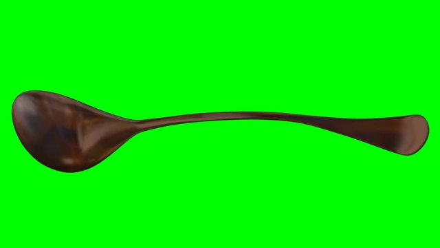 Animated rotating around x axis simple shining bronze sugar spoon against green background. Full 360 degree spin, loop able and isolated.