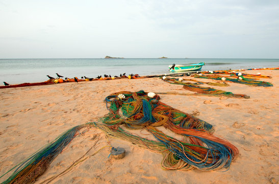 Small fishing boat next to curving fishing nets drying on Nilaveli beach in Trincomalee Sri Lanka Asia