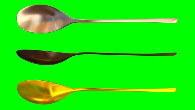 Animated rotating around x axis simple shining gold, silver and bronze table spoons against green background 2. Full 360 degree spin, loop able and isolated.