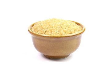 sugar, granulated sugar cane in ceramic cup brown on white background, granulated sugar for ingredient sweet food