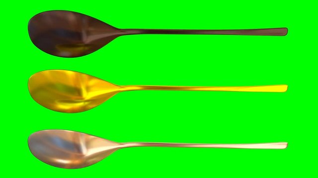 Animated rotating around x axis simple shining gold, silver and bronze table spoons against green background. Full 360 degree spin, loop able and isolated.