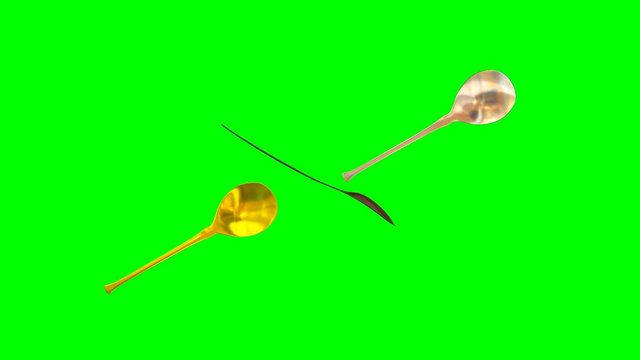 Animated rotating around y axis simple shining gold, silver and bronze spoons against green background 2. Full 360 degree spin, loop able and isolated.