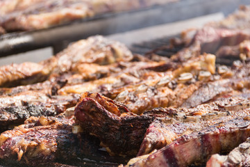 traditional meat grilled on the grill in the Argentine countryside