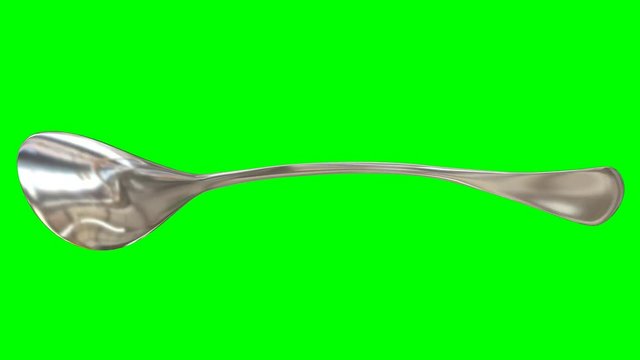 Animated rotating around x axis simple shining silver sugar spoon against green background. Full 360 degree spin, loop able and isolated.