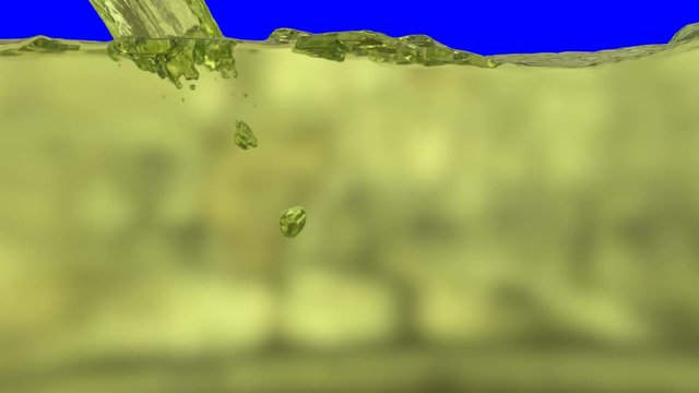 Animated realistic gasoline or mobile gas pouring from one inflow and splashing quickly filling up whole container against blue background.