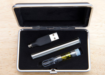 Vaping pen with oil in a velvet lined case that looks like a manicure case. Pen looks like a usb...