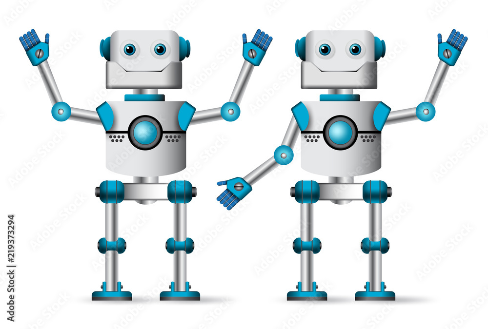 Poster robot characters set. white cyborg mascot standing with waiving hand gestures for technology related