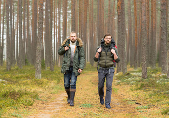 Man with a backpack and beard and his friend hiking in forest in autumn.