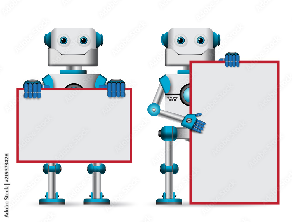 Poster robot vector characters holding blank whiteboard for text. robotic mascot for technology design pres