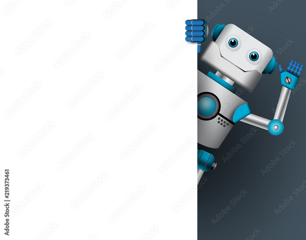 Poster robot character vector illustration. robotic mascot holding empty white board for text while waiving
