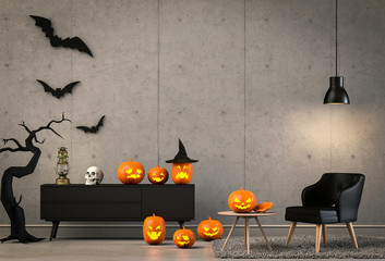 3D render of Halloween party in living room and pumpkins , jack-o-lantern