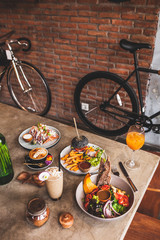 Healthy organic and natural vegetarian food and coffee in hipster style cafe. Beautiful serving