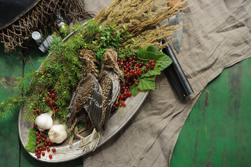 Wild hunting fowls in cooking. Two snipe or woodcock lie on metal dish. Hunting composition, outdoors. Wildfowl hunting.