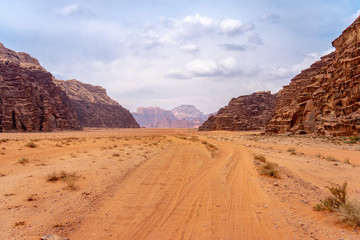 Fototapeta na wymiar Desert road in Wadi Rum