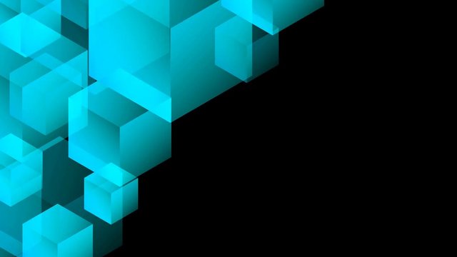 Abstract transparent 3D isometric virtual cube box moving pattern illustration blue color on black background seamless looping animation 4K, with copy space