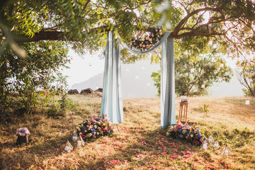 Sunset wedding ceremony, arch decorated with grey cloth hanging on big tree and rose flowers...