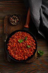Bolognese sauce in pan