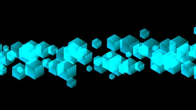 Abstract transparent 3D isometric virtual cube box wave moving pattern, Blockchain concept design illustration blue color on black background seamless looping animation 4K, with copy space