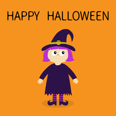 Happy Halloween. Girl wearing Witch costume curl hat. Cartoon funny spooky baby magic character. Flat design. Cute head face. Greeting card. Orange background. Isolated.