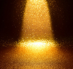 gold glitter vintage lights texture background. defocused
